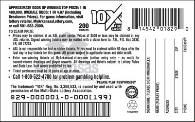 10X® the Cash - Game No. 829 - Back 10X® the Cash - Game No. 829