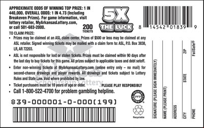 5X the Luck - Game No. 839 - Back 5X the Luck - Game No. 839